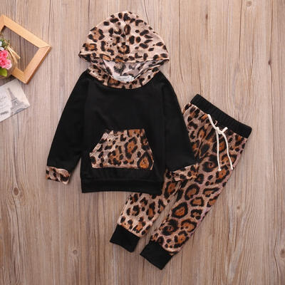 

Fashion 2PCS Kid Baby Boys Girls Cute Leopard Pullover Hooded Coat Pants Set Clothes Outfit
