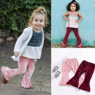 

Newborn Toddler Baby Girl Bell Bottom Pleuche Pants Kids Long Flare Trousers