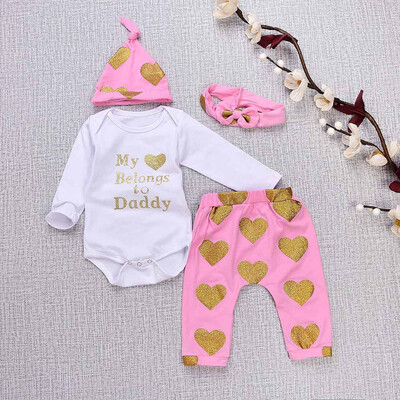 

4PCS Toddler Baby Letter Print RomperHeart Print PantsHatHeadband Set Outfit
