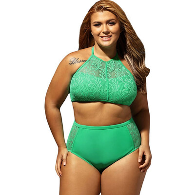 

Plus Size black high collar strap hollow steel armless chest pad removable high waist split swimsuit