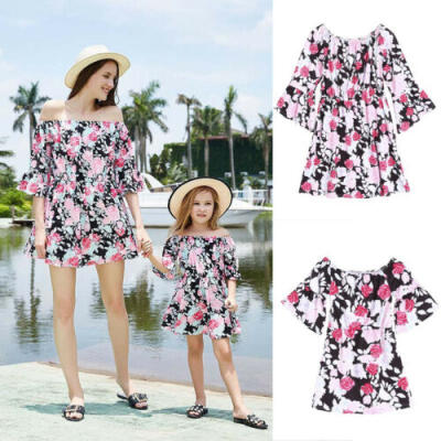 

New Fashion Family Matching Clothes Mother&Daughter Floral Dresses Outfits