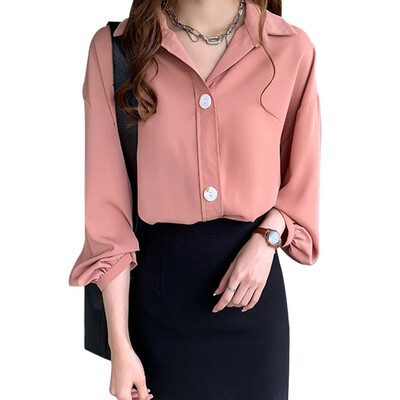 

Chiffon Turn Down Collar Blouse Women Solid Long Sleeve Loose Blouse OL Fashion blusas mujer de moda Korean Style plus size