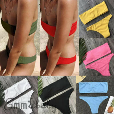 

Women Bandeau High Waisted Bikini Set Push Up Padded Swimsuit Swimwear Bathing