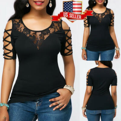 

US Women Cold Shoulder Round Neck Sleeveless Floral Lace Slim Top T-Shirt Blouse