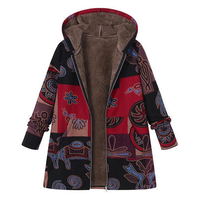 

Women Long Sleeve Hooded Winter Thicken Coat Cotton Ethnic Printed Jacket