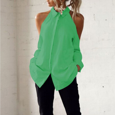 

Women Off Shoulder Long Sleeve Chiffon Shirt Tops Turn Down Collar Casual Blouse