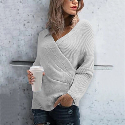 

Women Casual Office Slim Fit Solid Color Sweater Tops Cross V-Neck Long Sleeve