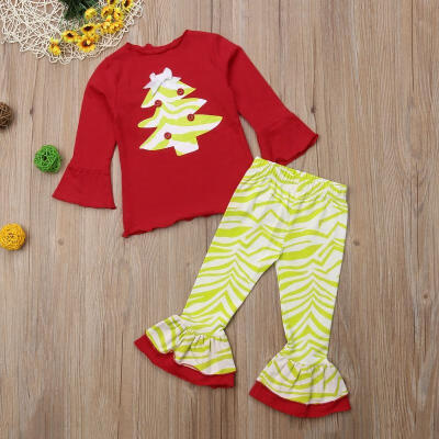 

2Pcs Toddler Kid Baby Girl Christmas Clothes Ruffle Tops T Shirts Flared Pants Outfit Set