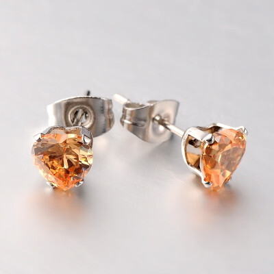 

304 Stainless Steel Pave Cubic Zirconia Ear Studs Heart Stainless Steel Color PeachPuff 8x8x5mm Pin 07mm