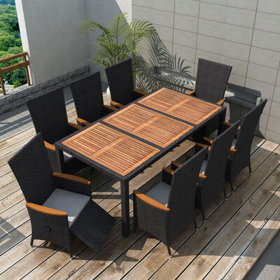 

9 Piece Outdoor Dining Set Poly Rattan Acacia Wood Black
