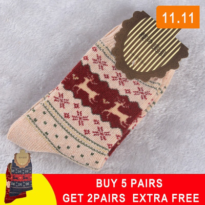 

5 pair Winter Women Socks Warm Wool Christmas Mid-calf Socks Woolen Snowflake Deer Comfortable Gift