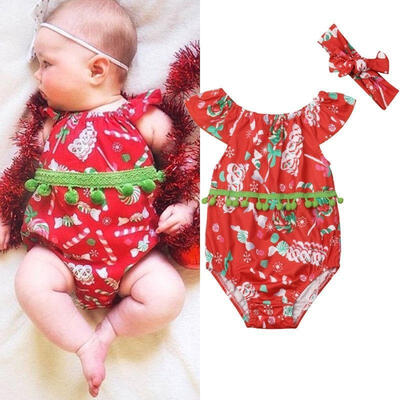 

Newborn Baby Girl Christmas Tassel Romper Bodysuit Headband Outfits Clothes