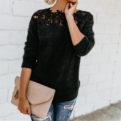 

Women Off Shoulder Lace Long Sleeve Knit Sweater Tops Pullover Outwear