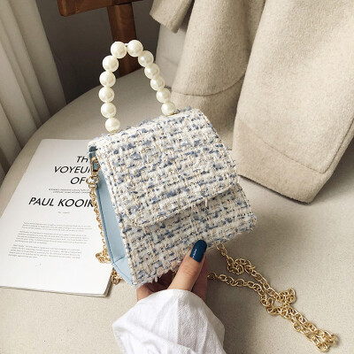 

Foreign style woolen bag female 2019 new Korean fashion wild pearls portable chain shoulder slung small square bag