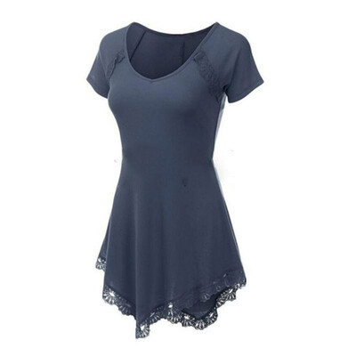 

Starmoon Womens V-neck Solid Color Lace Stitching Irregular Short-Sleeved T-shirt Top