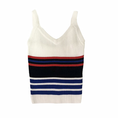 

Women Summer Vintage Sexy Casual Concise Slim Fit Sleeveless V-neck Stripe Knitwear Top