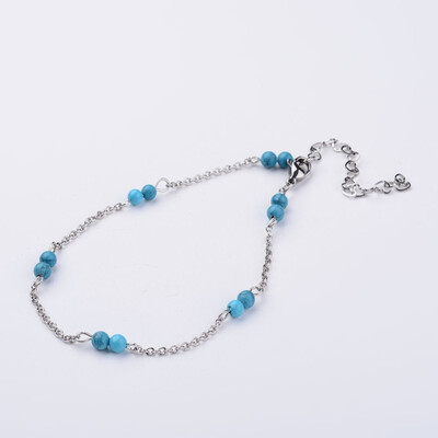 

304 Stainless Steel Chain Anklets with Synthetic Turquoise Beads 9-14"235mm