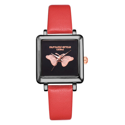 

Fashion Watches Women Square Butterfly Pattern Dial Ladies Clock Leather Strap Quartz Wristwatch Simple Casual Reloj Mujer