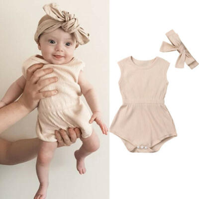 

US Newborn Baby Baby Girls Cotton Sleeveless Romper Bow Headband Outfits 2pcs