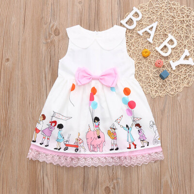 

Toddler Baby Girls Sleeveless Cartoon Print Bownot Lace Dress Kids Clothes