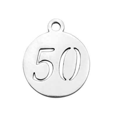 

304 Stainless Steel Charms Flat Round with Number 50 Stainless Steel Color 141x118x1mm Hole 1mm