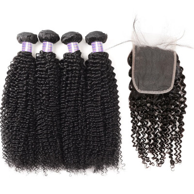 

Brazilian Remy Human Hair Weave Kinly Curly Hair 4pcs Bundles with Closure Virgin Cheap Extensions