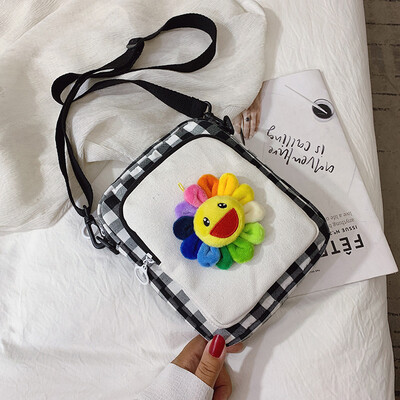 

Canvas bag girl summer ins weather day girl plaid cartoon girl single shoulder oblique satchel