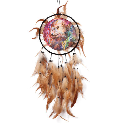 

Oil Painting Wolf Totem Dream Catcher Feather Bead Hanging Home Car Decor