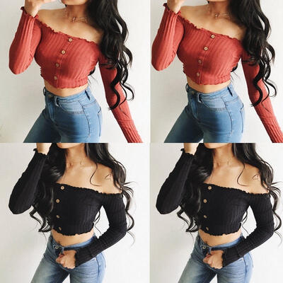 

Fashion Women Off Shoulder Crop Top Long Sleeve Shirt Blouse Sweater T-shirt