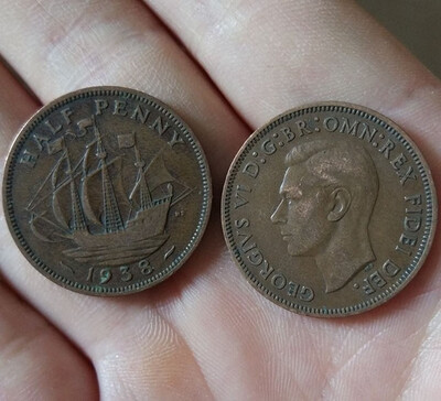 

255mm Golden Hind Galleon British pre-decimal coin Halfpenny King George VI UK Random Year