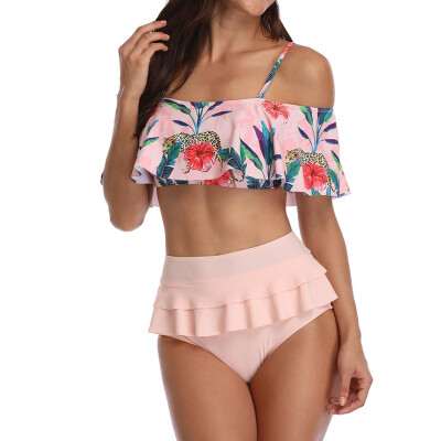 

Roseonmyhand Women Retro Flounce Sling High Waist Print Bikini Halter Two Piece Swimsuit