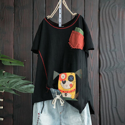 

Roseonmyhand Fashion Womens Plus Size Casual Tops Cartoon Print Patch O-Neck Pocket T-Shirt