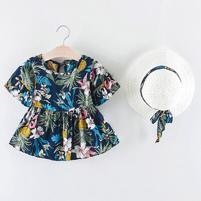 

Infant Baby Girl Flare Sleeve Flower Floral Print Princess DressHat Cap Outfits