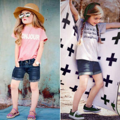 

Toddler Kids Baby Girl Clothes Short Sleeve T-ShirtDenim Shorts 2PCS Outfit Set