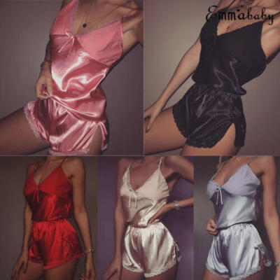 

Women Satin Lace Sleepwear Babydoll Lingerie Nightwear Shorts Pyjamas Set