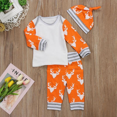 

0-18M Newborn Baby Boy Girl Deer Outfits Clothes Tops Pants Hat 3PCS Auutmn Set