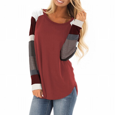 

Round neck long sleeve color block stitching womens T-shirt womens shirt