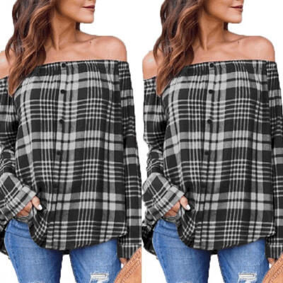 

Women&39s Off Shoulder Plaid Tops Long Sleeve Shirt Casual Blouse Loose T-shirt