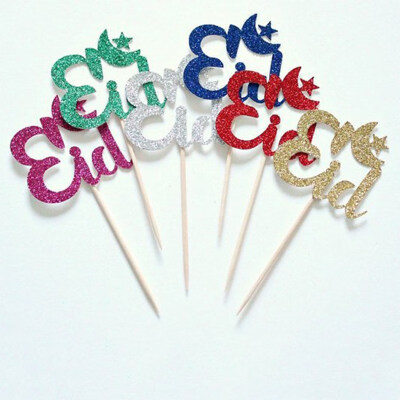 

FUNNYBUNNY Happy Eid Mubarak Glitter Baking Cupcake Piece Insert Baking Decoration Flag Cupcake Toppers Wrapper