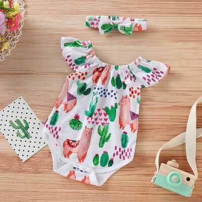 

Infant Childrens Summer Suit Cartoon Plant Print Fly Sleeve Jumpsuit Hair Band Two-piece