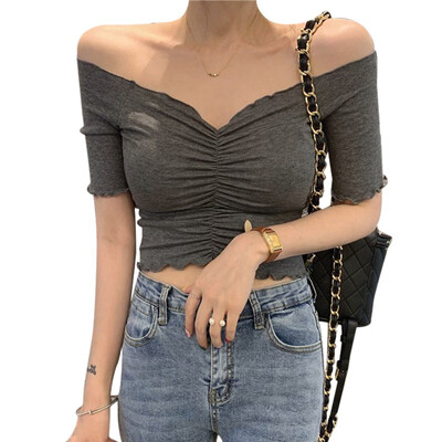 

Womens Ruched Fashion V Neck Solid Short Sleeve Knitted Sexy Slim Crop Top T-Shirt