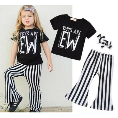 

New Baby Girls Short Sleeve Top Striped Bell-Bottomed Pant 3Pcs Sunsuit Outfits