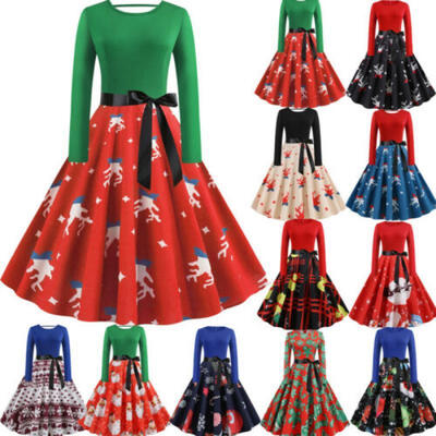 

Womens Long Sleeve Santa Panel Christmas Dress Vintage Xmas Swing Retro Dresses