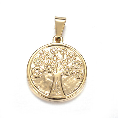 

316 Stainless Steel Pendants Flat Round with Tree Golden 29x25x3mm Hole 5x95mm