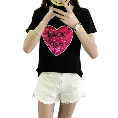 

Summer Fashion Letters Sequins Love Printed Women T shirt Casual Tee Top Round Collar Female T Shirt Short-Sleeved Woman Tops