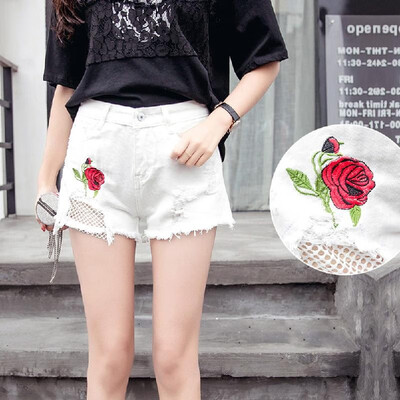 

Women Jean Shorts Washed Denim Floral Rose Embroidery Grids Holes High Waist Ripped Frayed Slim Pants WhiteBlue