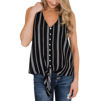 

Nomeni Womens Fashion V-Neck Button Stripe Vest Top Sleeveless T-Shirt Blouse