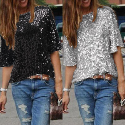 

US STOCK Women Sequins Summer Short Sleeve Party Casual Tops T-Shirt Blouse Sexy