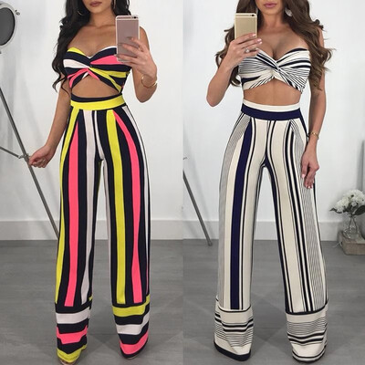 

Sexy Women Striped Two-Piece Set Off the Shoulder Backless Crop Top Wide Leg Pants High Waist Trousers