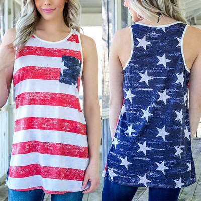 

Roseonmyhand Women Summer Fashion Sleeveless American Flag Blouse Top T Shirt